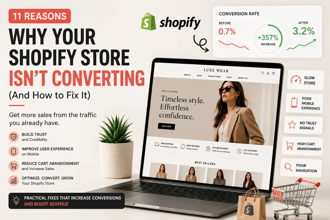 Shopify conversion optimization guide showing reasons for low ecommerce sales, including poor mobile experience, slow loading speed, weak trust signals, high cart abandonment, and conversion rate improvement strategies.