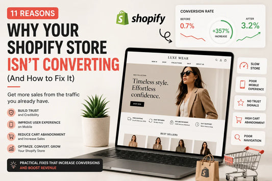 Shopify conversion optimization guide showing reasons for low ecommerce sales, including poor mobile experience, slow loading speed, weak trust signals, high cart abandonment, and conversion rate improvement strategies.