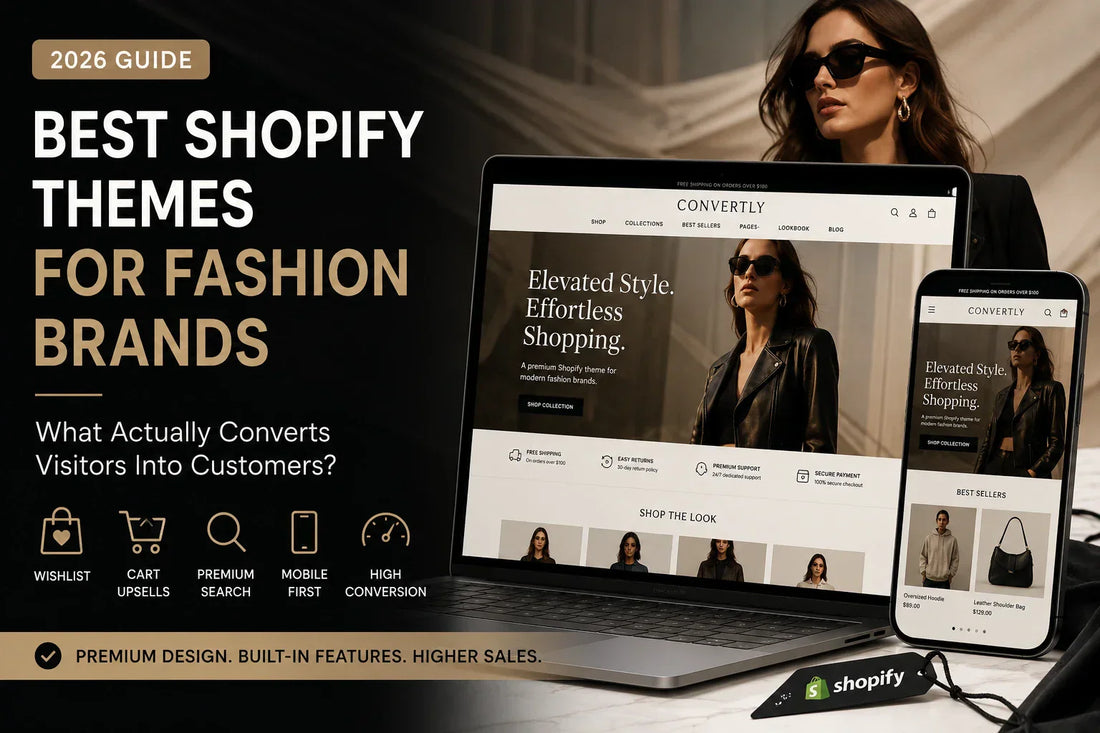 Best Shopify themes for fashion brands comparison featuring the Convertly Shopify theme homepage.