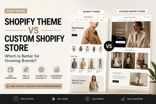 Shopify Theme vs Custom Shopify Store comparison for growing ecommerce brands, covering design flexibility, conversion optimization, development costs, launch speed, and scalability in 2026