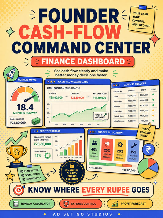 Founder Cash-Flow Command Center with runway meter, expense tracker, profit forecast and budget allocation dashboard