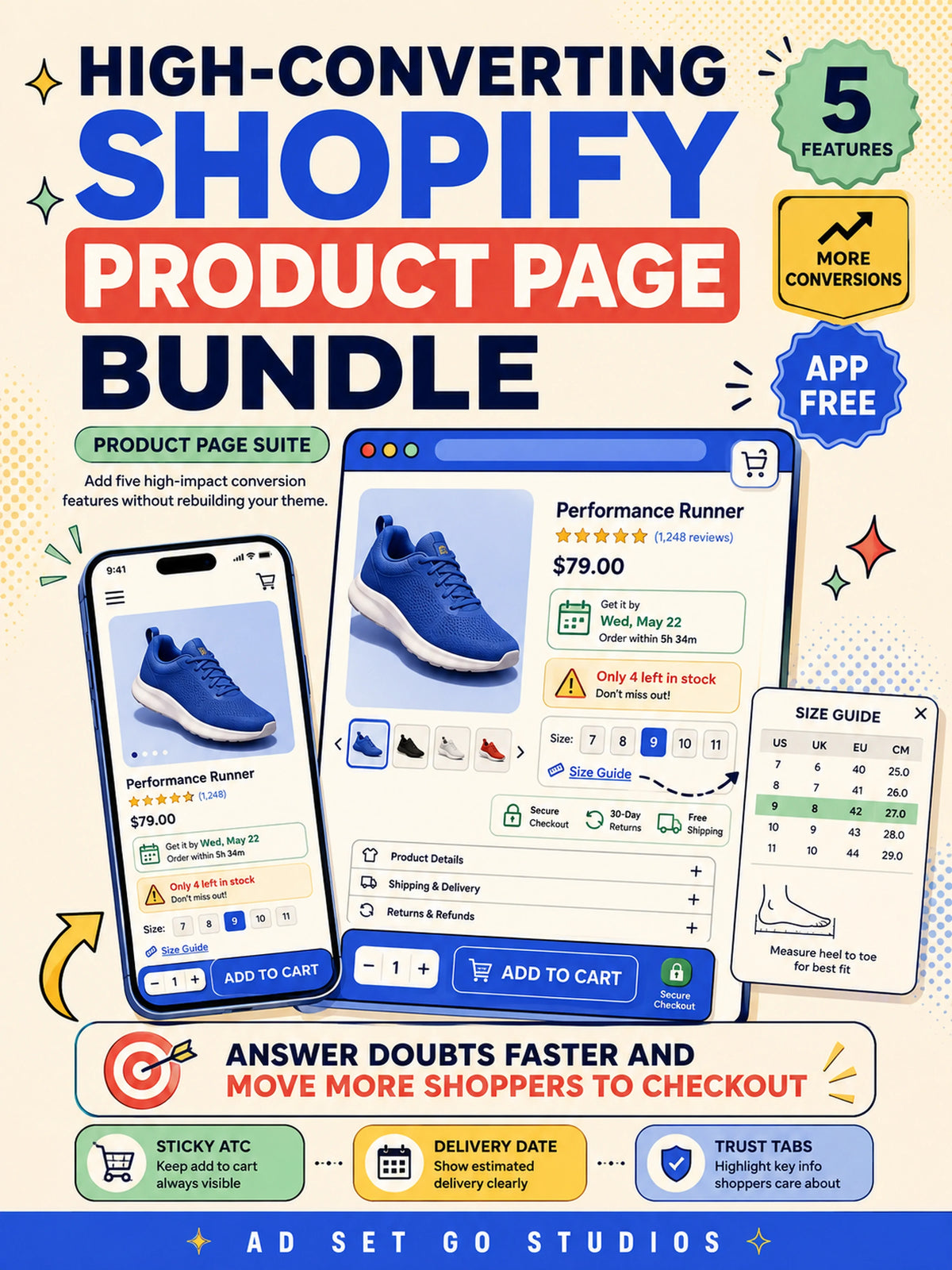 High-Converting Shopify Product Page Bundle with sticky add to cart, delivery date, size guide and trust features