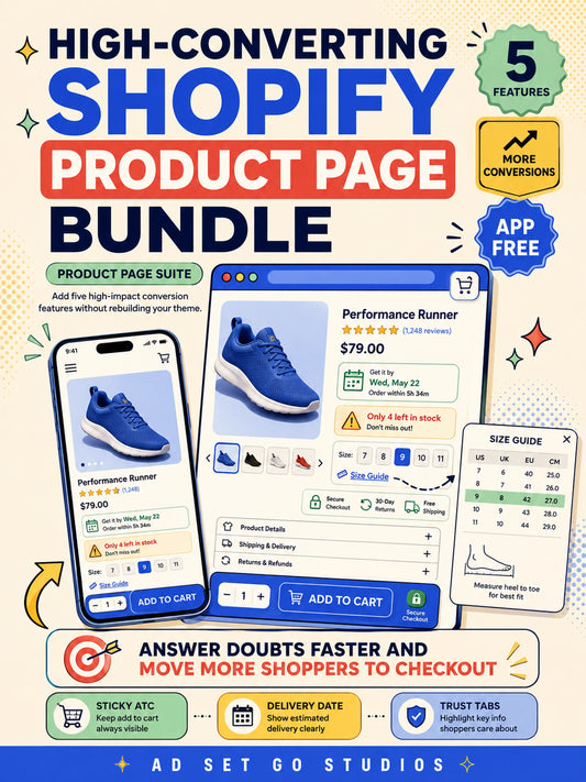 High-Converting Shopify Product Page Bundle with sticky add to cart, delivery date, size guide and trust features