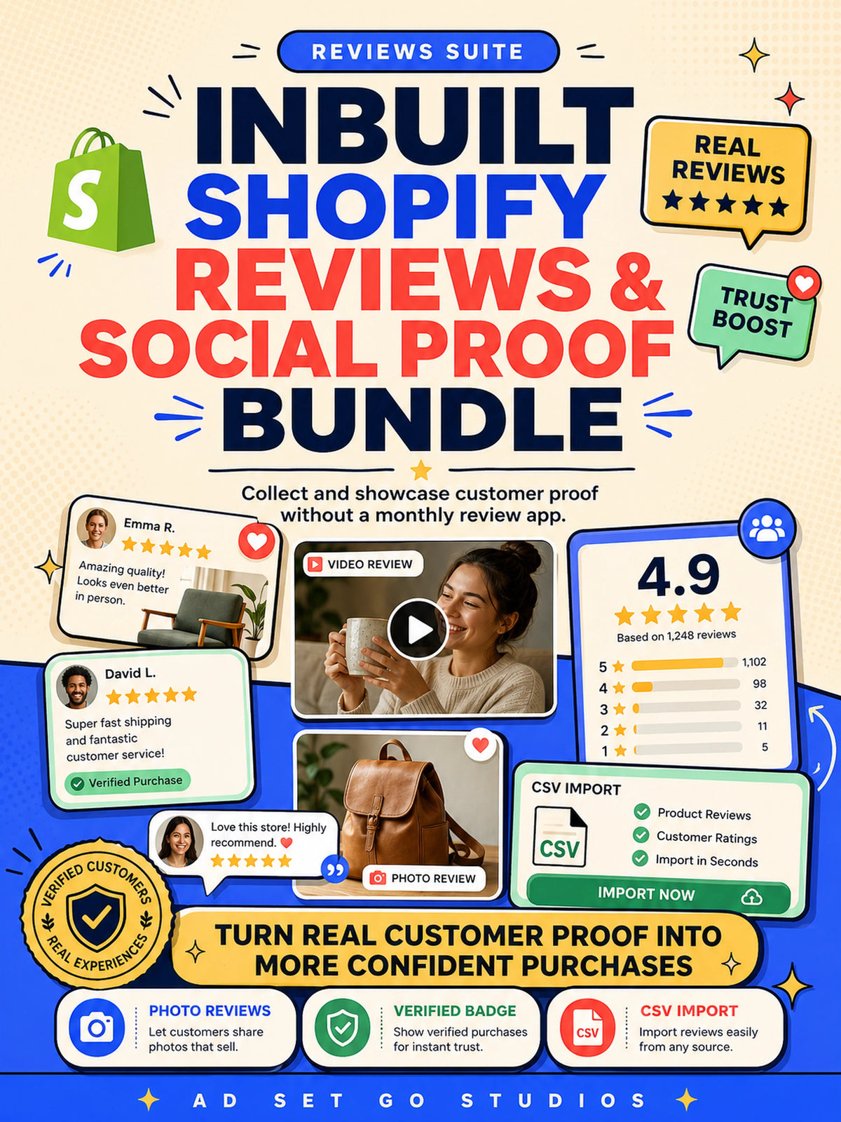 Inbuilt Shopify Reviews and Social Proof Bundle with photo reviews, verified badges, video reviews and CSV import