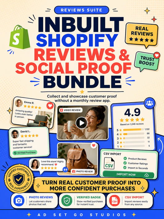 Inbuilt Shopify Reviews and Social Proof Bundle with photo reviews, verified badges, video reviews and CSV import
