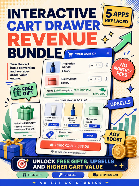 Interactive Cart Drawer Revenue Bundle with free gift, upsells, shipping progress and five app-replacing cart features