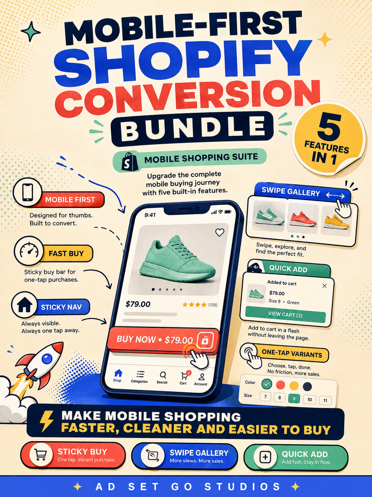 Mobile-First Shopify Conversion Bundle with sticky buy, swipe gallery, quick add, bottom navigation and one-tap variants