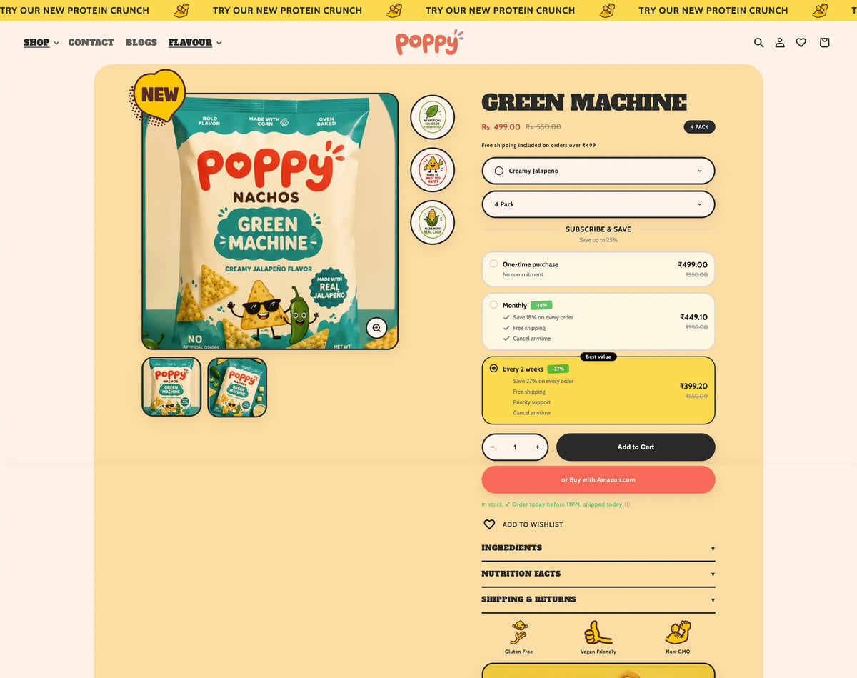 Poppy Nachos product page theme store shopify with branding and product images on a yellow background