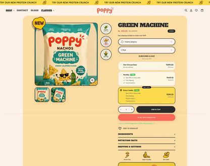 Poppy Nachos product page theme store shopify with branding and product images on a yellow background