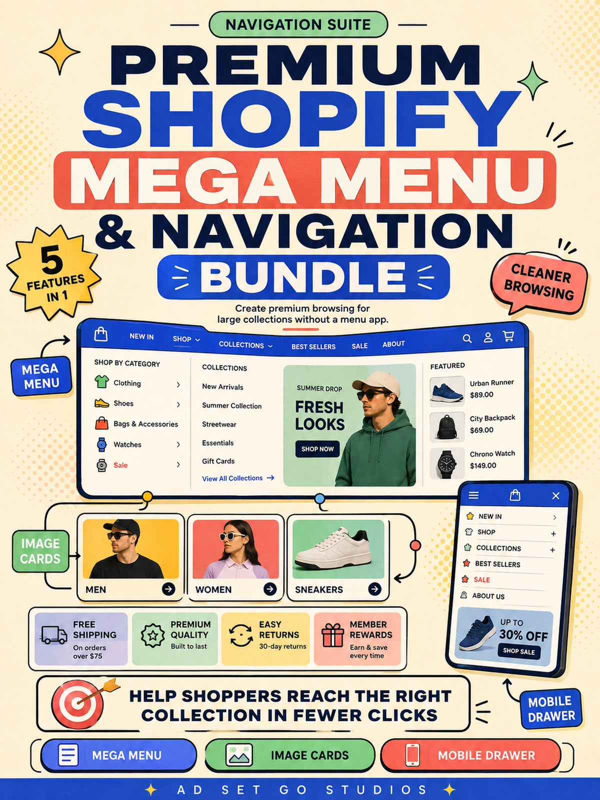Premium Shopify Mega Menu and Navigation Bundle with image cards, featured products and mobile navigation drawer