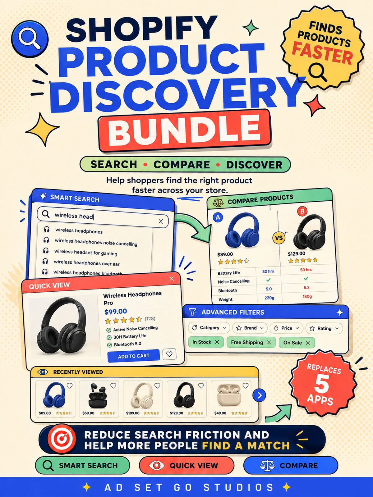 Shopify Product Discovery Bundle with smart search, quick view, product comparison, filters and recently viewed products