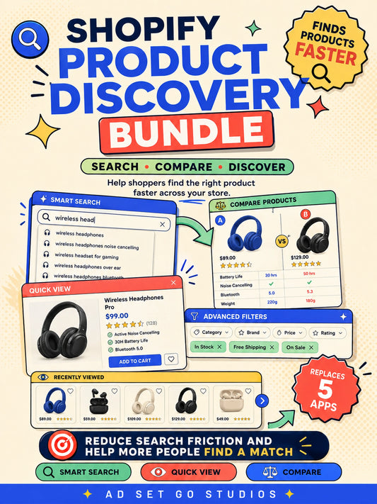 Shopify Product Discovery Bundle with smart search, quick view, product comparison, filters and recently viewed products