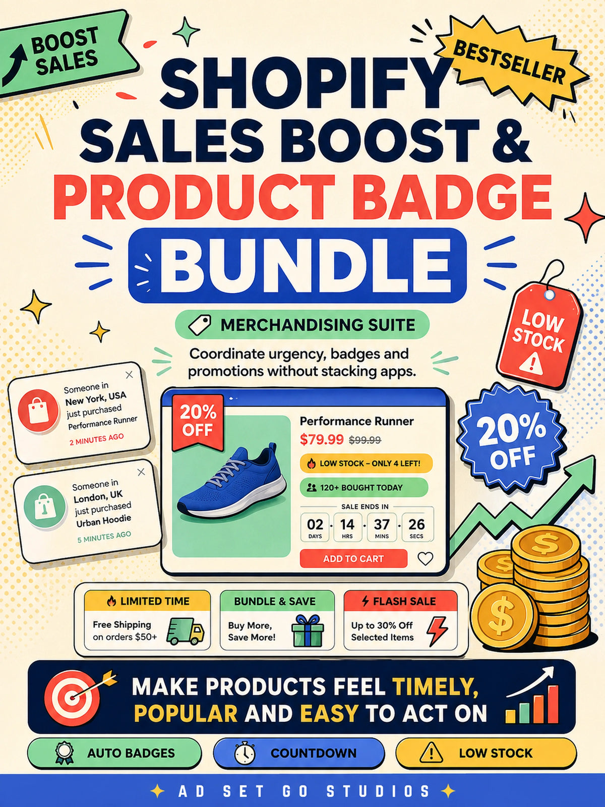 Shopify Sales Boost and Product Badge Bundle with automatic badges, countdown timer, low stock urgency and sales notifications