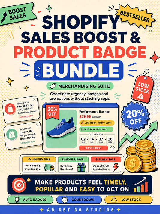 Shopify Sales Boost and Product Badge Bundle with automatic badges, countdown timer, low stock urgency and sales notifications